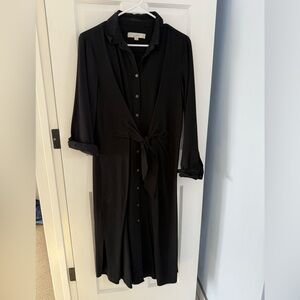 LOFT Black Tie-Waist Long Sleeve Dress